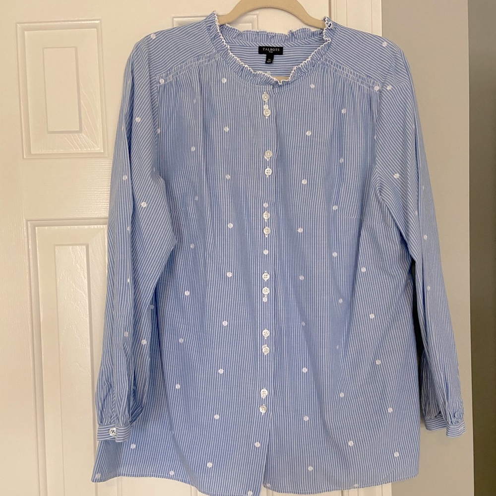 Talbots 1X Dot and Stripe Ruffle Neck Blouse